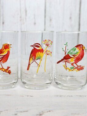 Mid-Century Juice Glass Set w/ Song Birds 1950s Glassware Vintage Kitchen